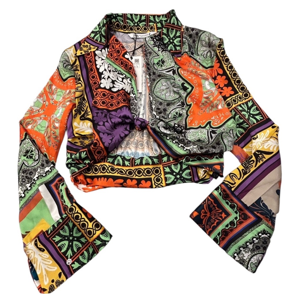Zara Multicolor Printed Cropped Blouse - Orange, Green, Purple, Black